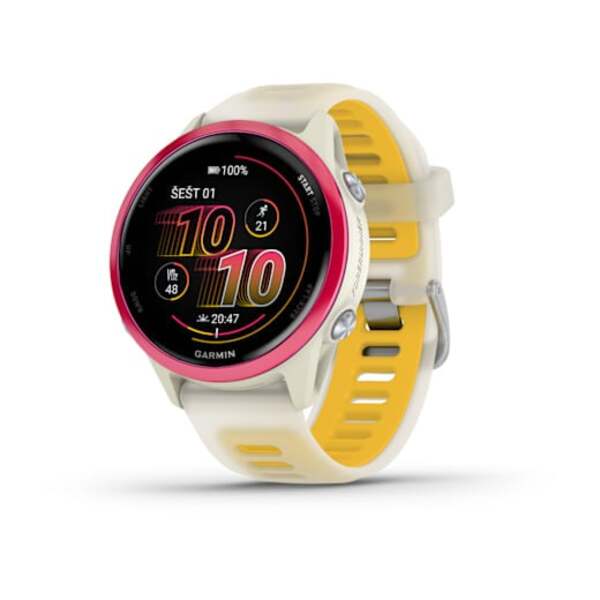 Garmin Forerunner  i&scaron;manusis laikrodis 570 - 42mm Rožinės spalvos aliuminis su permatomu kreminės / mango spalvos dirželiu