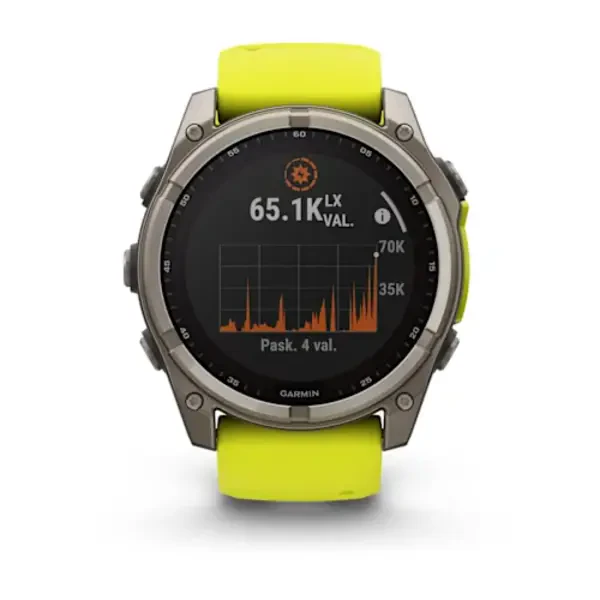 Garmin fenix 8  – 51 mm, Solar, Sapphire išmanusis sportinis laikrodis (Ryškiai Geltonos Spalvos)