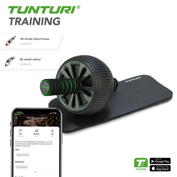 Pilvo preso volelis TUNTURI Pro Exercise Wheel Deluxe, su kelių pagalvėle