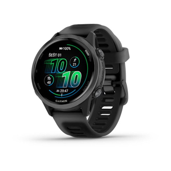 Garmin Forerunner i&scaron;manusis laikrodis 570 - 42mm Pilkai melsvos spalvos aliuminis su permatomu juodu / juodu dirželiu 
