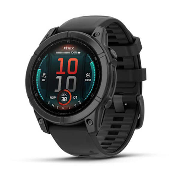 Garmin Fenix E &ndash; 47 mm, AMOLED  i&scaron;manusis sportinis laikrodis  Pilkai melsvos spalvos plienas, Juodo silikono dirželis 