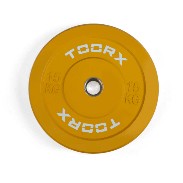 Svorio plok&scaron;tė TOORX Bumper Plate Challenge, geltona, 50 mm, 15 kg