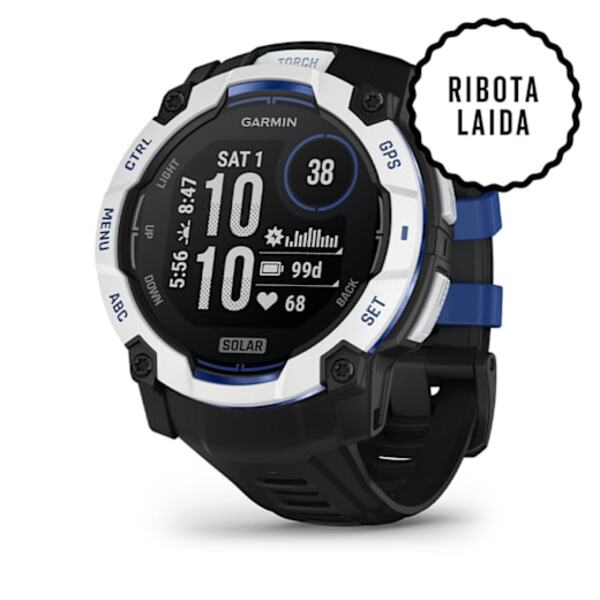 Garmin Instinct&reg; 3 &ndash; 50 mm, Solar i&scaron;manusis sportinis laikrodis  Baltojo akmens spalvos su juodu / mėlynu dirželiu 