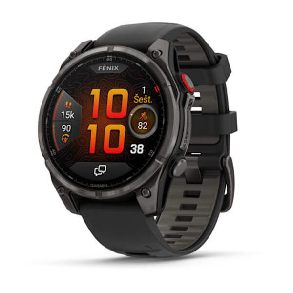 Garmin Fēnix&reg; 8 Pro &ndash; 47 mm, AMOLED Sapphire i&scaron;manusis laikrodis Pilkos anglies spalvos DLC titanas su juodos / pilkos akmenukų spalvos silikoniniu dirželiu