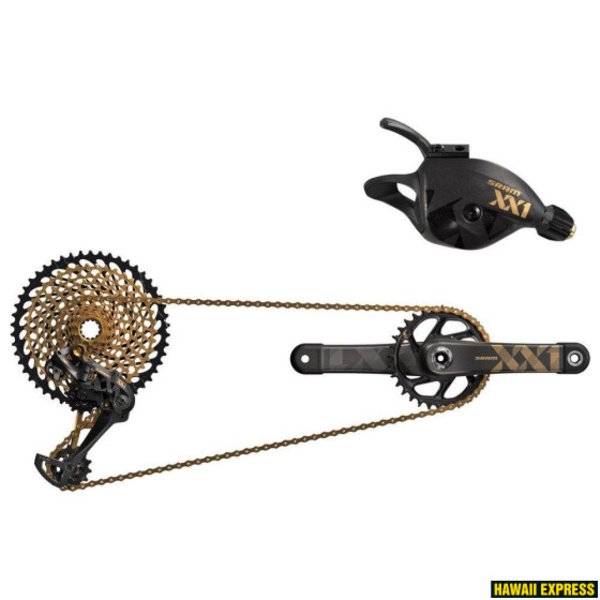 Pavarų grupė SRAM XX1 Eagle DUB Groupset (Rear Der, Trig Shifter w Clamp, Crankset DUB 12s 170 BOOST DM 34t X-SYNC Chainring, Gold Chain 126 links 12s, Cassette XG-1299 10-50t, Chaingap Gauge) Gold