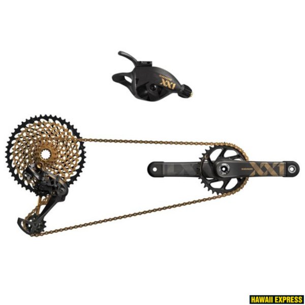 Pavarų grupė SRAM XX1 Eagle DUB Groupset (Rear Der, Trig Shifter w Clamp, Crankset DUB 12s 175 BOOST DM 34t X-SYNC Chainring, Gold Chain 126 links 12s, Cassette XG-1299 10-50t, Chaingap Gauge) Gold