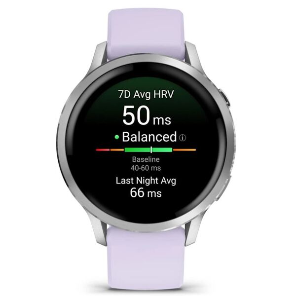 Garmin Venu® 4 – 41 mm Lunar Silver with Periwinkle Silicone išmanusis laikrodis