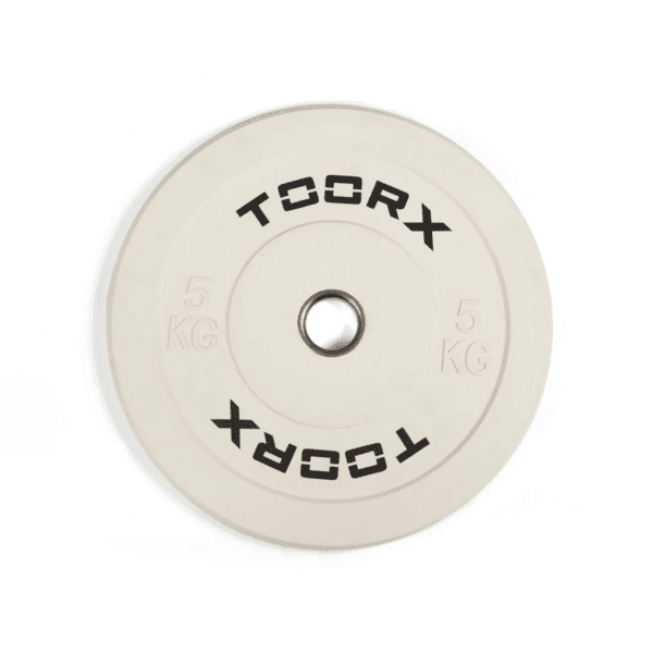 Svorio plok&scaron;tė TOORX Bumper Plate Challenge, balta, 50 mm, 5 kg