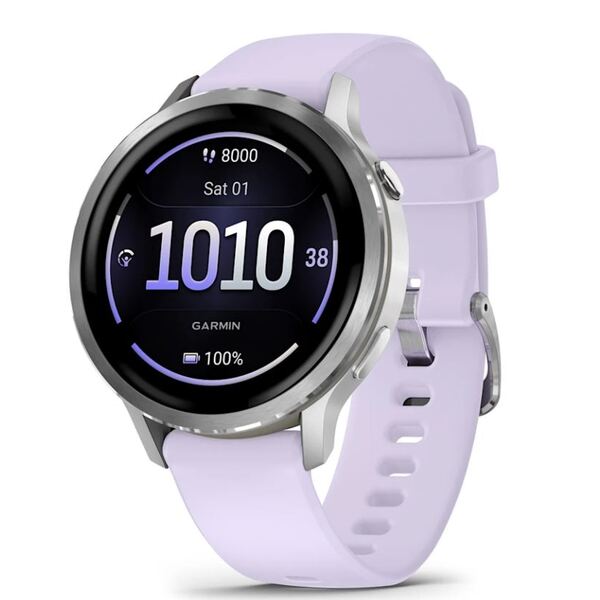 Garmin Venu 4 &ndash; 41 mm Lunar Silver with Periwinkle Silicone i&scaron;manusis laikrodis