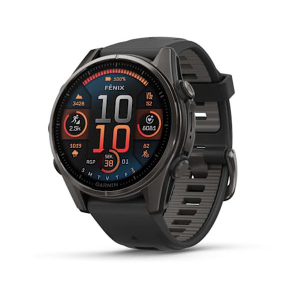 Garmin &bdquo;Fēnix 8&ldquo; &ndash; 43 mm, AMOLED Sapphire, Pilkos anglies spalvos DLC titanas su juodos / pilkos akmenukų spalvos silikoniniu dirželiu